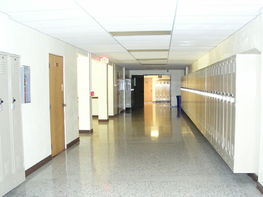 school hallway with floors made of epoxy