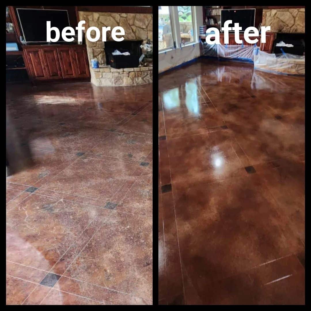 A side-by-side comparison of a floor before and after treatment. On the left, the 'before' image shows the floor with a dull finish, visible wear, and lack of shine. On the right, the 'after' image displays the floor with a glossy finish, enhanced color richness, and a reflective surface that mirrors the room's lighting, indicating a successful polishing or refinishing job.